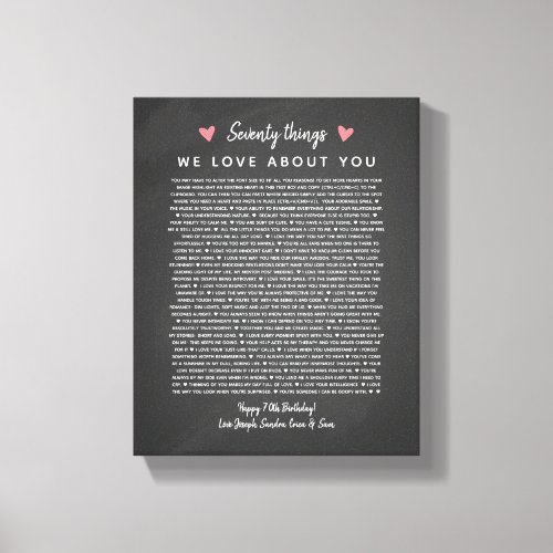 70 reasons why we love you birthday gift for him canvas print