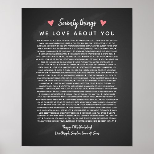 70 reasons why we love you birthday gift for him poster
