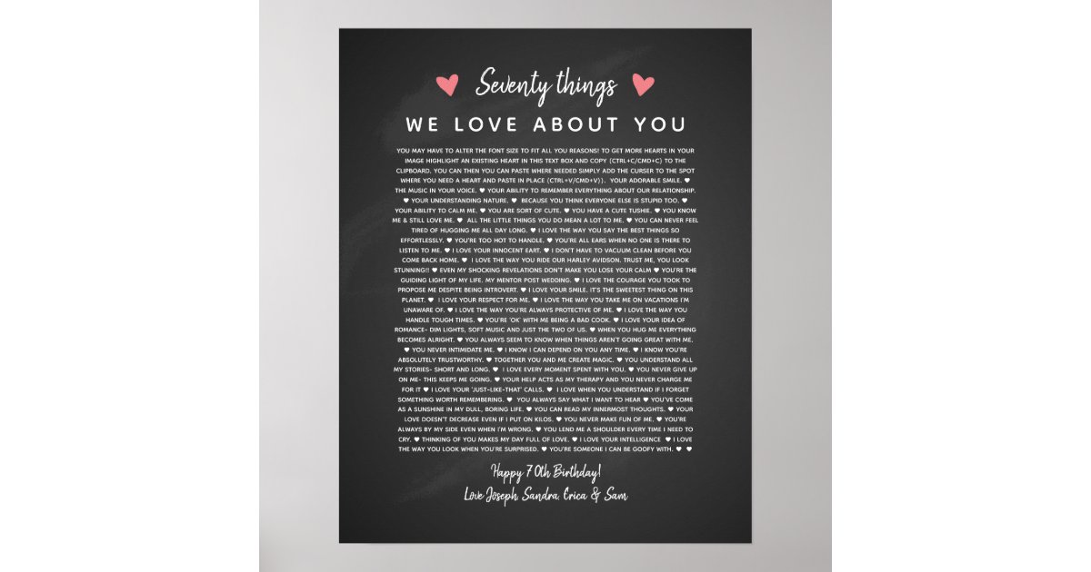 70 Reasons Why We Love You Birthday T For Him Poster Zazzle