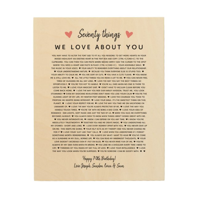 70 reasons why we love you birthday gift for him wood wall art (Front)
