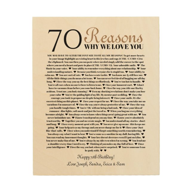 70 reasons why we love you birthday gift for him wood wall art (Front)