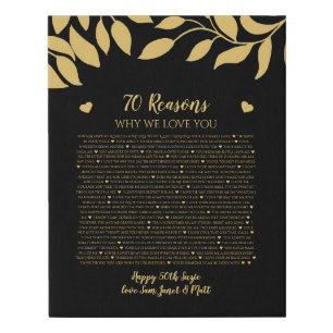 70 reasons why we love you black and gold leaves faux canvas print