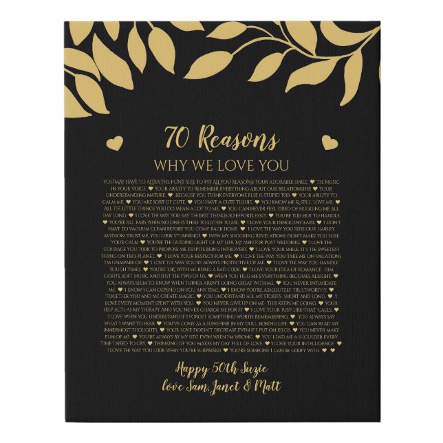 70 reasons why we love you black and gold leaves faux canvas print (Front)