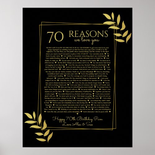 70 reasons why we love you black and gold leaves poster