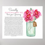 70 reasons why we love you Granny pink peony Poster<br><div class="desc">This is a DO IT YOURSELF XX Reasons why we love you. roses reasons we love you,  editable 50 Reasons,  60th birthday,  editable,  80th birthday,  memories,  love you,  mom,  retire You can edit the main body text. Designed by The Arty Apples Limited</div>