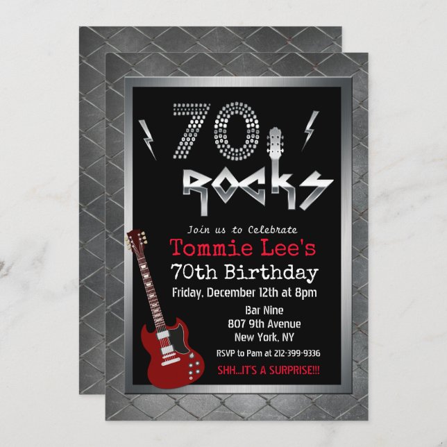 70 Rocks Rockstar Guitar 70th Birthday Invitation (Front/Back)