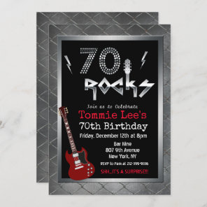 70 Rocks Rockstar Guitar 70th Birthday Invitation