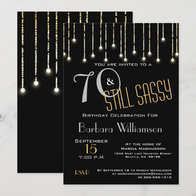 70 Sassy Black Silver Gold Lights Birthday Party Invitation (Front/Back)