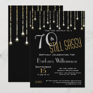 70 Sassy Black Silver Gold Lights Birthday Party Invitation