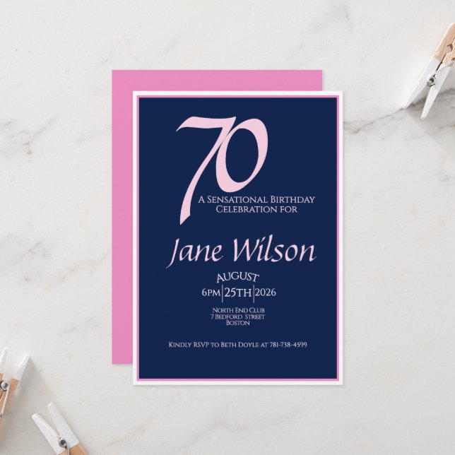 70 & Sensational Navy and Pink Birthday  Invitatio Invitation (Front/Back In Situ)