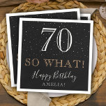 70 So what Funny Black Elegant 70th Birthday Napkins<br><div class="desc">70 So what Funny Quote Elegant 70th Birthday Napkin. The inspirational and funny quote 70 so what is in modern white and golden colors on a black background. Make your own 70th birthday party paper napkin for her or for him. Personalize with your name and age number. Great for a...</div>