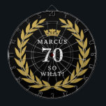 70 So what Funny Laurel Wreath Crown 70th Birthday Dart Board<br><div class="desc">70 So what Funny Laurel Wreath Crown 70th Birthday Dart Board. A funny quote I`m 70 so what in modern bold fonts. The design has a laurel wreath around the words and a crown above the custom name. Add your name. Perfect gift for a man with a sense of humor....</div>