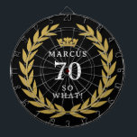 70 So what Funny Laurel Wreath Crown 70th Birthday Dart Board<br><div class="desc">70 So what Funny Laurel Wreath Crown 70th Birthday Dart Board. A funny quote I`m 70 so what in modern bold fonts. The design has a laurel wreath around the words and a crown above the custom name. Add your name. Perfect gift for a man with a sense of humor....</div>