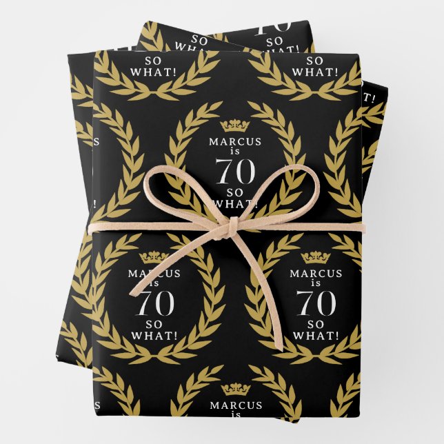 70 So what Funny Laurel Wreath Crown 70th Birthday Wrapping Paper Sheets (In situ)