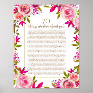 70 things we love about you pink roses anniversary poster