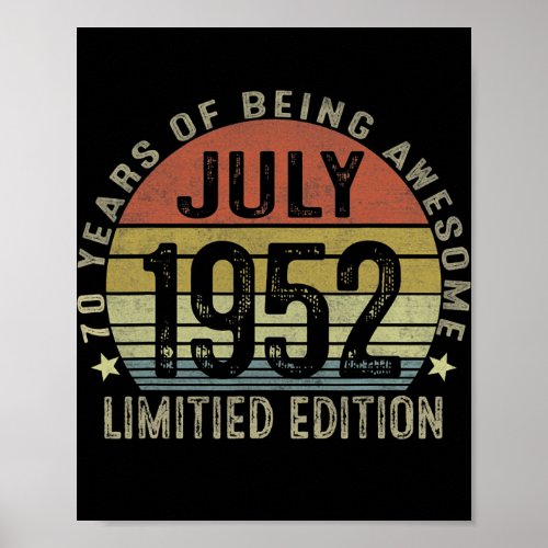 70 Year Old Gifts July 1952 Limited Edition 70th Poster