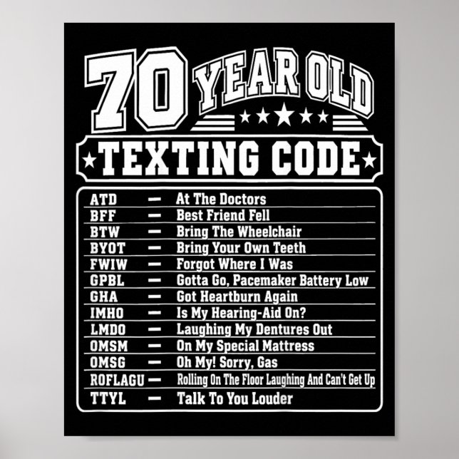 70 Year Old Senior Texting Code On Back Graphic Poster (Front)