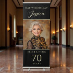70 Years Birthday Black & Gold Photo Retractable Banner<br><div class="desc">Celebrate 70 years in elegant style with this black and gold retractable banner. Featuring space for a personal photo and customizable text, this luxe design is perfect as a welcome sign, party display, or photo backdrop. The bold black background paired with shimmering gold script creates a glamorous, sophisticated look that...</div>