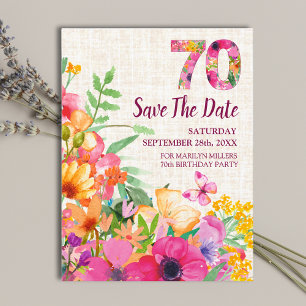 70 Years Flowers Floral Linen 70th Birthday Announcement Postcard