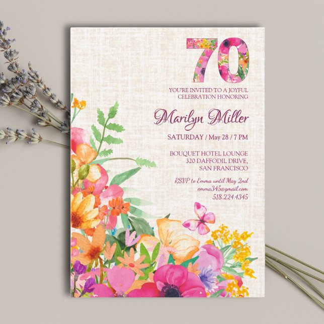 70 Years Flowers Floral Linen 70th Birthday Invitation (Creator Uploaded)
