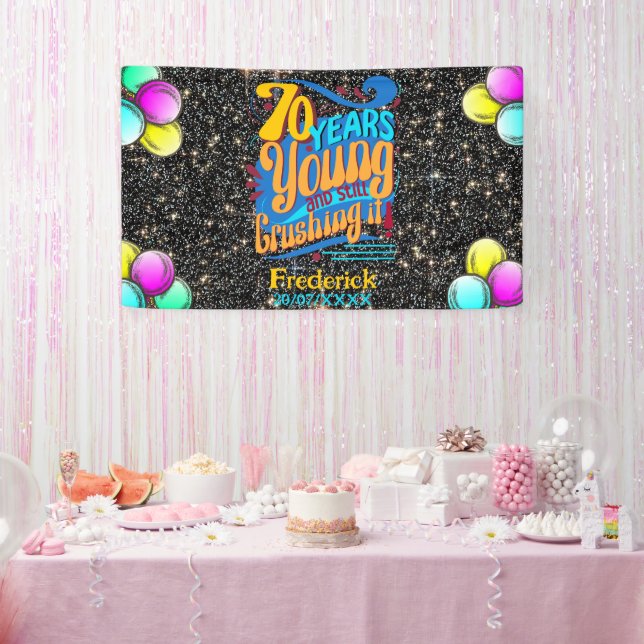 70 Years Young and Still Crushing It, Retro Bday Banner (Party)