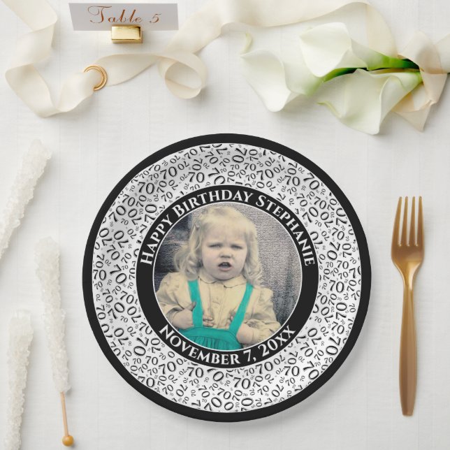 70 Your Photo Random Number Pattern Black/White Paper Plates (Wedding)