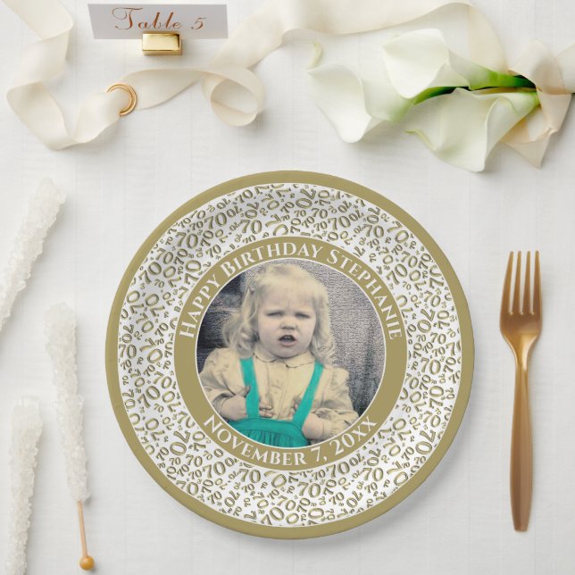70 Your Photo Random Number Pattern Gold/White Paper Plates (Wedding)