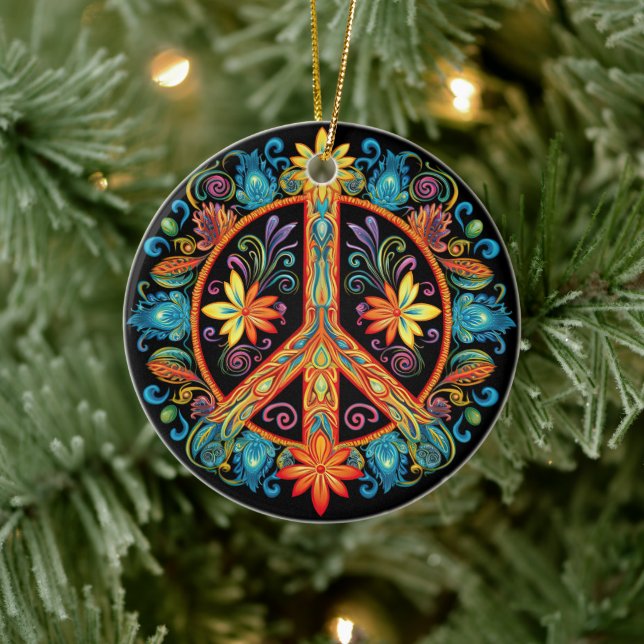 70s 60s Peace Sign Colorful Ceramic Ornament (Tree)