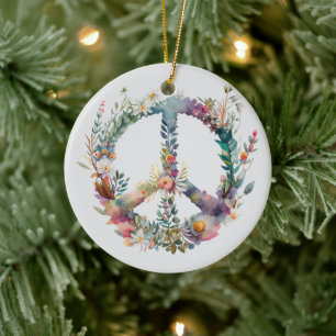 70s 60s Peace Sign Colorful Ceramic Ornament