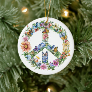 70s 60s Peace Sign Colorful Ceramic Ornament