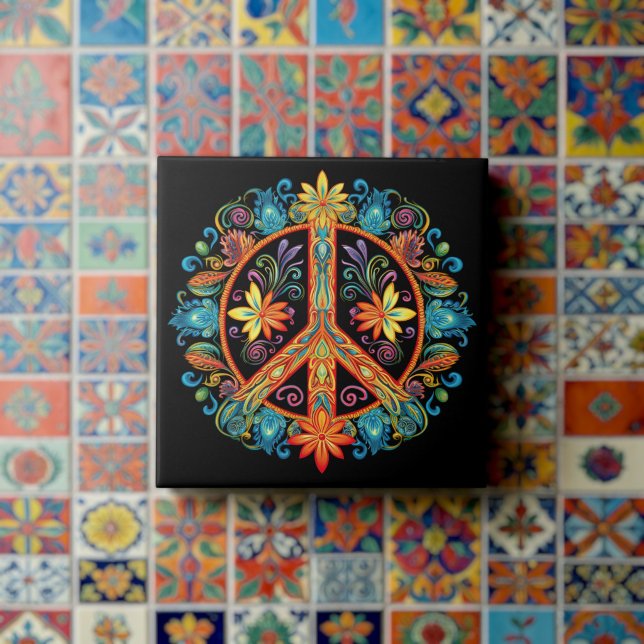 70s 60s Peace Sign Colorful Ceramic Tile (Creator Uploaded)