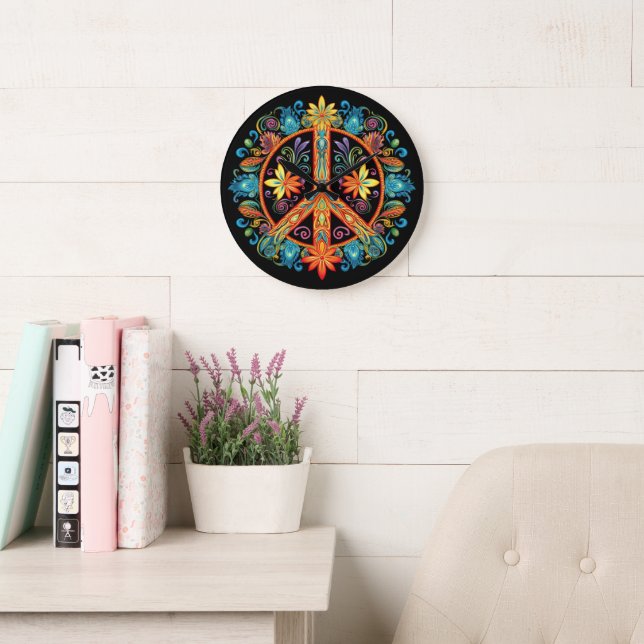 70s 60s Peace Sign Colorful Large Clock (Reading Room)