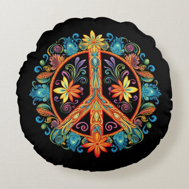 70s 60s Peace Sign Colorful Round Pillow (Front)