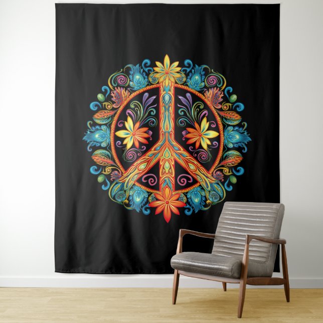 70s 60s Peace Sign Colorful Tapestry (In Situ)