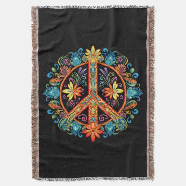 70s 60s Peace Sign Colorful Throw Blanket (Front Vertical)