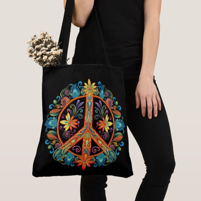 70s 60s Peace Sign Colorful Tote Bag (Close Up)