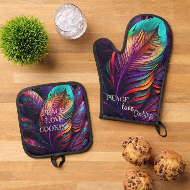 70s 60s Psychedelic Feathers  Oven Mitt & Pot Holder Set (Top Down)