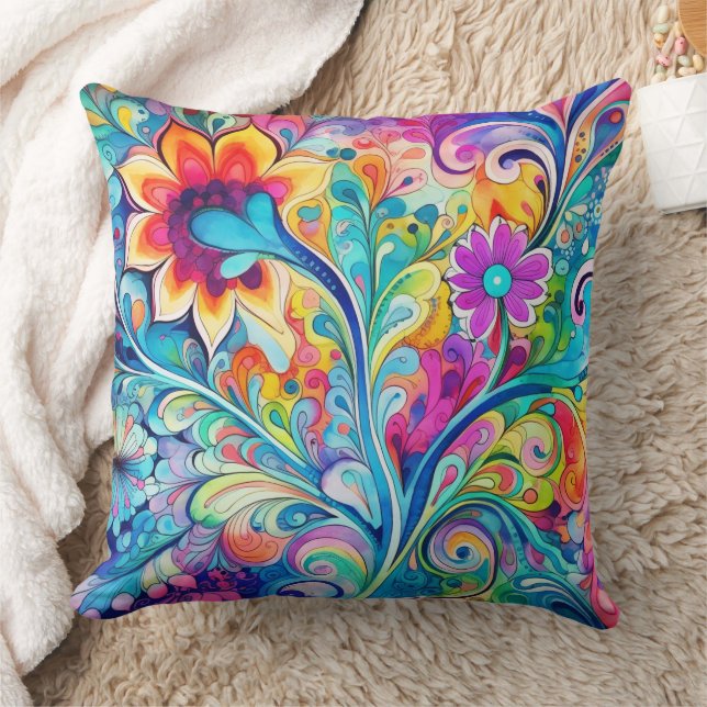 70s 60s Psychedelic Hippy Retro Hip Throw Pillow (Blanket)