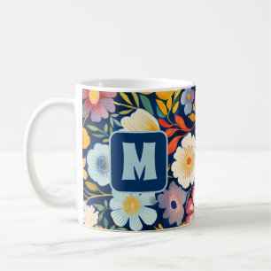 70s 60s Retro Floral Monogram Blue and Orange  Coffee Mug