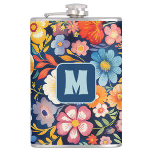 70s 60s Retro Floral Monogram Blue and Orange  Flask