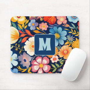70s 60s Retro Floral Monogram Blue and Orange  Mouse Pad