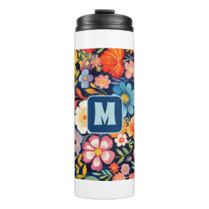70s 60s Retro Floral Monogram Blue and Orange  Thermal Tumbler