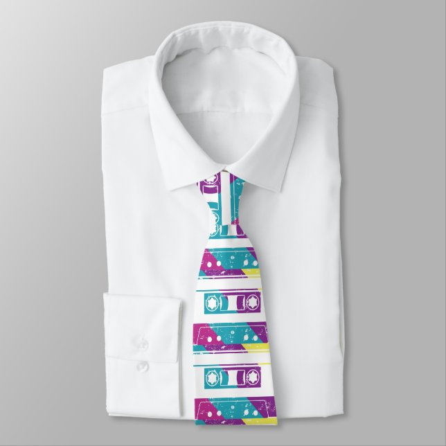 70s 80s Cassette Tape Pattern Retro Neck Tie (Tied)