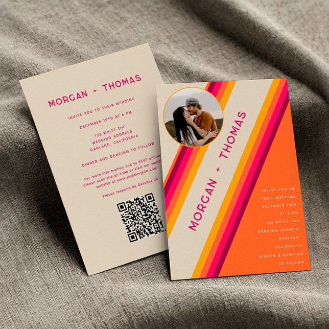 70s 80s QR Code Retro Pink Orange Yellow Wedding Invitation (Front / Back)