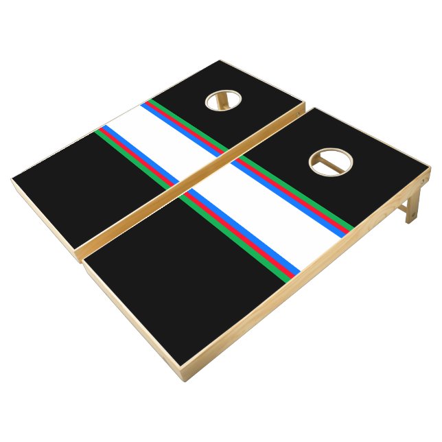 70s Black White Red Green Blue Racing Stripes Cornhole Set (Angled)