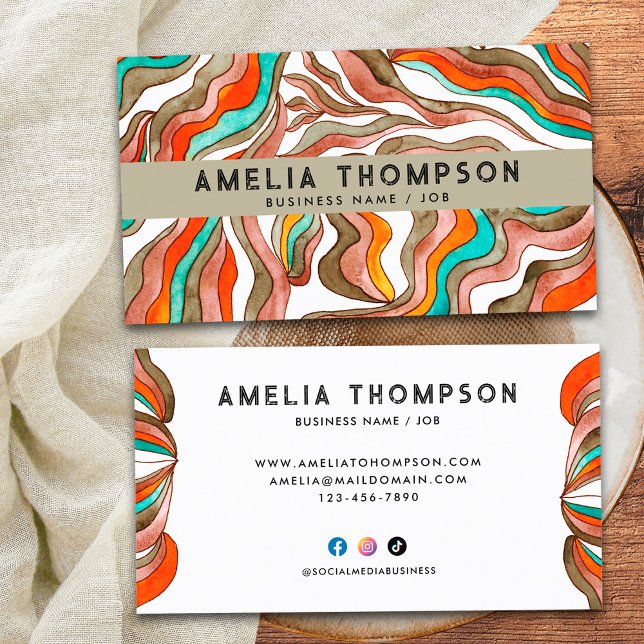 70s Boho Groovy Retro Orange Abstract Wavy Lines Business Card (Front and Back)