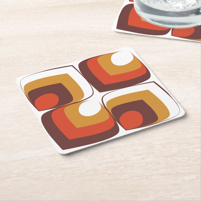 70s Bold Retro Modern Motif in Orange & Brown Square Paper Coaster (Angled)