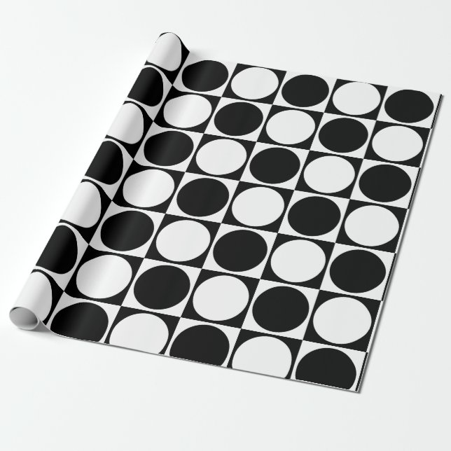 70s Checks and Circles Black and White Wrapping Paper (Unrolled)