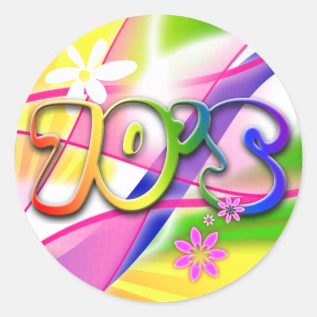 70's Colorful Design with Flowers Classic Round Sticker (Front)