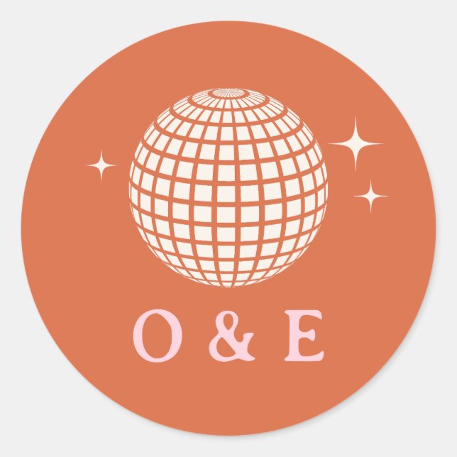 70s Disco Ball Sparkles Retro Wedding Initials  Classic Round Sticker (Front)